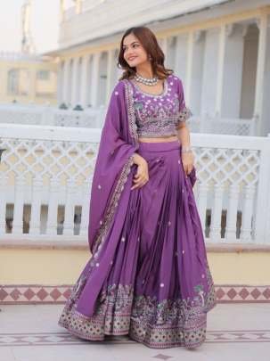 Eggplant Purple Real Modeling Classic Heavy Work Pure Chinon Lehenga Choli