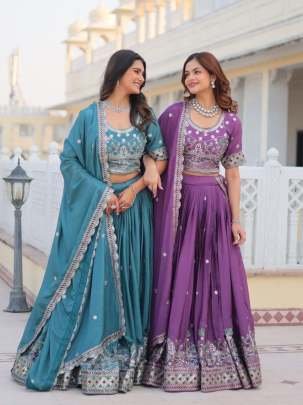 Eggplant Purple Real Modeling Classic Heavy Work Pure Chinon Lehenga Choli