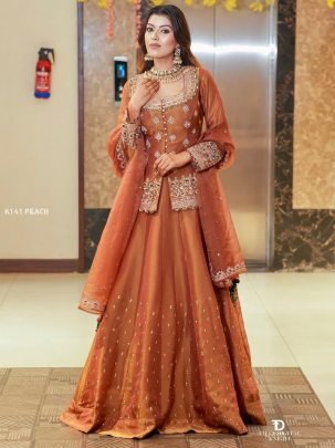 Eid Special Rust Orange Simmer Silk Lehenga Set