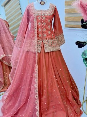 Eid Special Rust Orange Simmer Silk Lehenga Set