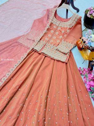 Eid Special Rust Orange Simmer Silk Lehenga Set