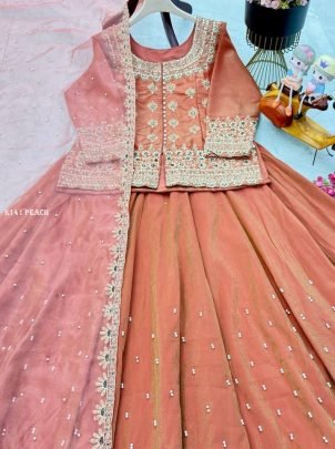 Eid Special Rust Orange Simmer Silk Lehenga Set