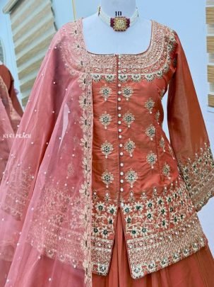 Eid Special Rust Orange Simmer Silk Lehenga Set