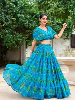 Elegance Sky Blue Floral Printed Crop Top Chiffon Lehenga Choli