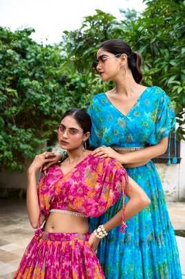 Elegance Sky Blue Floral Printed Crop Top Chiffon Lehenga Choli