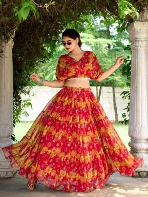 Elegance Red Floral Printed Crop Top Chiffon Lehenga Choli