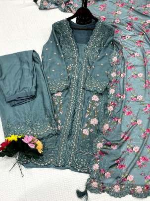 Elegant Chinon Silk Rama Green Suit With Mirror And Sequence Work