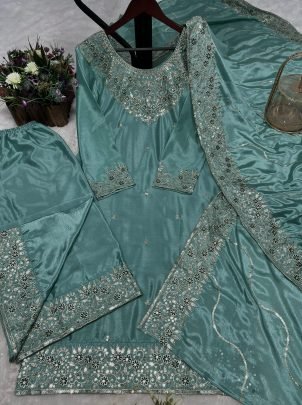 Elegant Chinon Silk With Thread Work Light Teal green Kurti Set