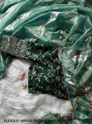 Elegant Dinner Golden Green Saree With Attractive Foil Work