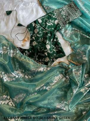 Elegant Dinner Golden Green Saree With Attractive Foil Work