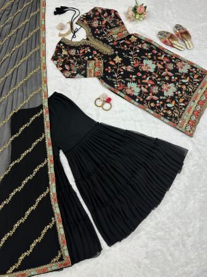 Elegant Foux Georgette  Thread Work  Black Sharara Set