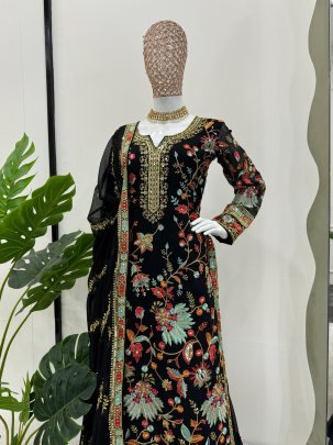 Elegant Foux Georgette  Thread Work  Black Sharara Set