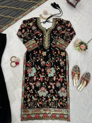 Elegant Foux Georgette  Thread Work  Black Sharara Set