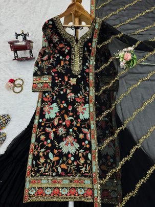 Elegant Foux Georgette  Thread Work  Black Sharara Set