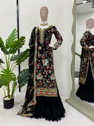 Elegant Foux Georgette  Thread Work  Black Sharara Set