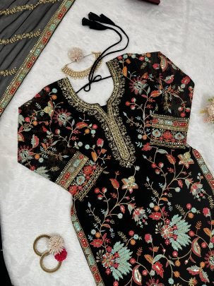 Elegant Foux Georgette  Thread Work  Black Sharara Set