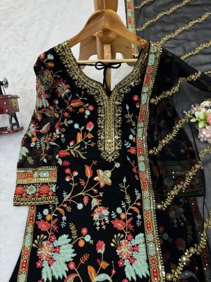 Elegant Foux Georgette  Thread Work  Black Sharara Set