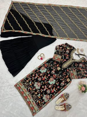 Elegant Foux Georgette  Thread Work  Black Sharara Set