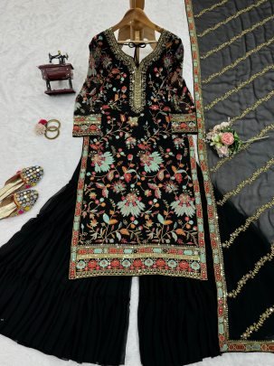 Elegant Foux Georgette  Thread Work  Black Sharara Set