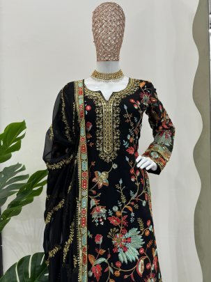 Elegant Foux Georgette  Thread Work  Black Sharara Set