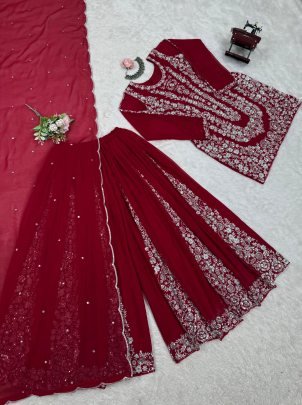 Elegant Foux Georgette With Sequence Work Red Palazo Set