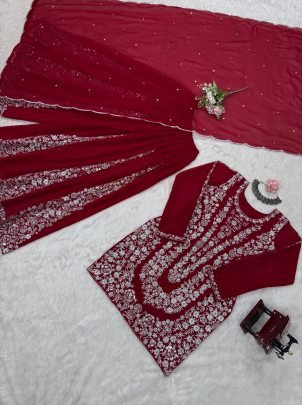 Elegant Foux Georgette With Sequence Work Red Palazo Set