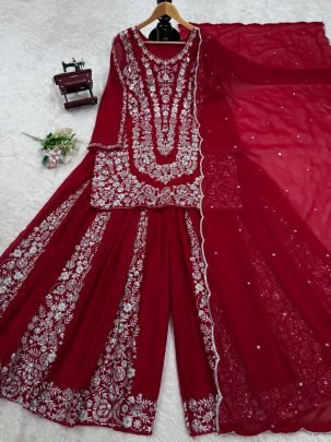 Elegant Foux Georgette With Sequence Work Red Palazo Set