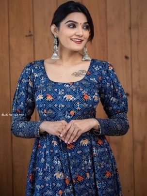 Elegant Full Sleeve Blue Patola Print Gown