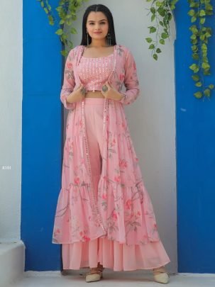 Elegant Georgette Pink Shrug Set With Stylish Pant   Top     