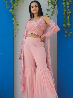 Elegant Georgette Pink Shrug Set With Stylish Pant   Top