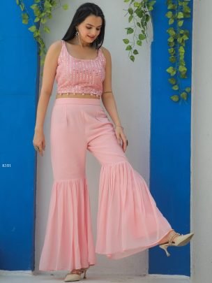 Elegant Georgette Pink Shrug Set With Stylish Pant   Top