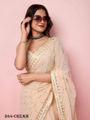 Elegant Georgette Sequins Cream Saree with sequins work blouse