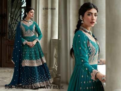 Elegant Green and Navy Blue Anarkali Suit with Intricate Embroidery