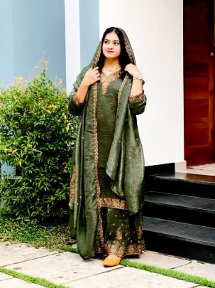 Elegant Green Embroidered Sharara Suit     Festive   Party Wear