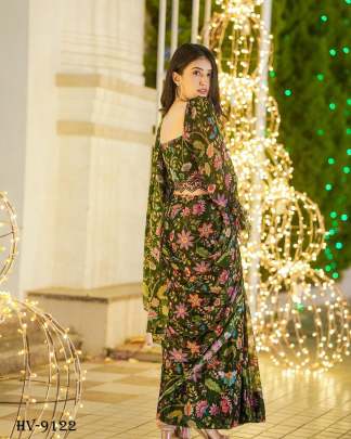 Elegant Green Floral Print Ready To Wear Saree with Sheer Bell Sleeve Blouse
