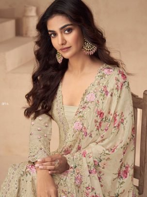 Elegant Heavy Chinon Silk Embroidered Suit With Mirror And Sequence Work