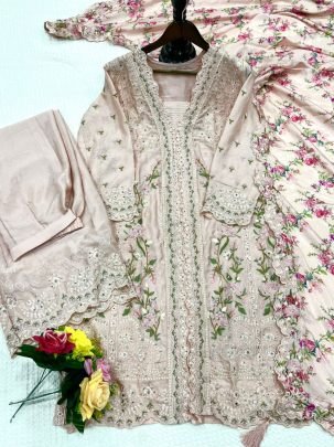Elegant Heavy Chinon Silk Embroidered Suit With Mirror And Sequence Work