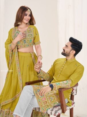 Elegant Party Wear Lehenga Choli and Mens Kurta Set