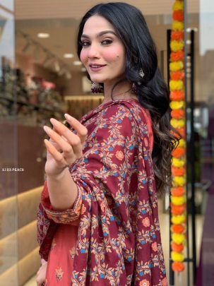 Elegant Peach Anarkali Set With Maroon Dupatta