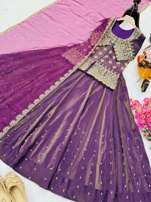 Elegant Purple Embroidered Lehenga Set     Party   Festive Wear