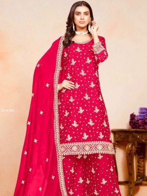Elegant Red Embroidered Party Wear Sharara Outfit