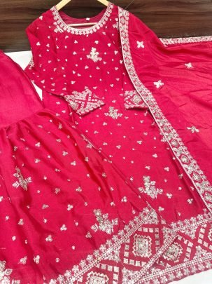 Elegant Red Embroidered Party Wear Sharara Outfit