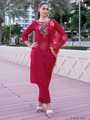 Elegant Red Hand Work Kurti Pant Set