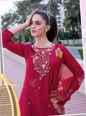 Elegant Red Hand Work Kurti Pant Set