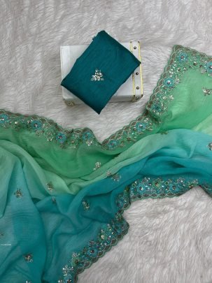 Elegant Teal Green Saree With Intricate Floral Embroidery