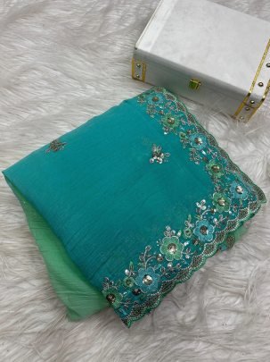 Elegant Teal Green Saree With Intricate Floral Embroidery