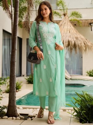 Elegant Turquoise Embroidered Suit Set for Women