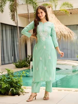 Elegant Turquoise Embroidered Suit Set for Women