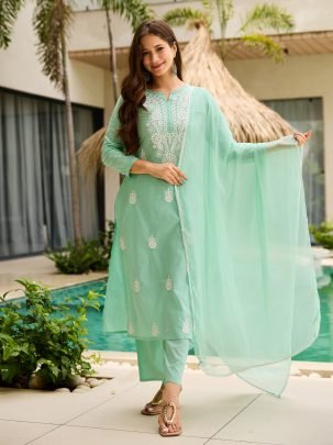 Elegant Turquoise Embroidered Suit Set for Women