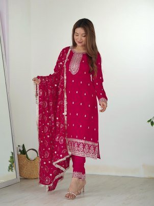 Elegant Vichitra Silk Jari Work Pink  Kurti With Pant Set